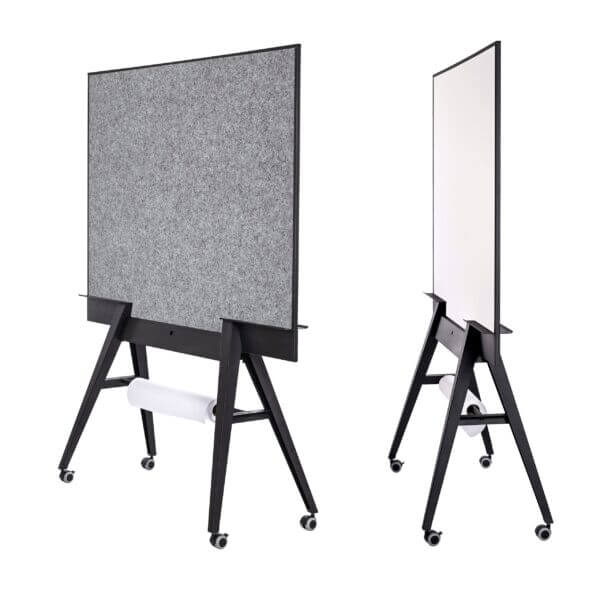Stijlvol verrijdbaar whiteboard en prikbord met opbergruimte en een papier rol houder